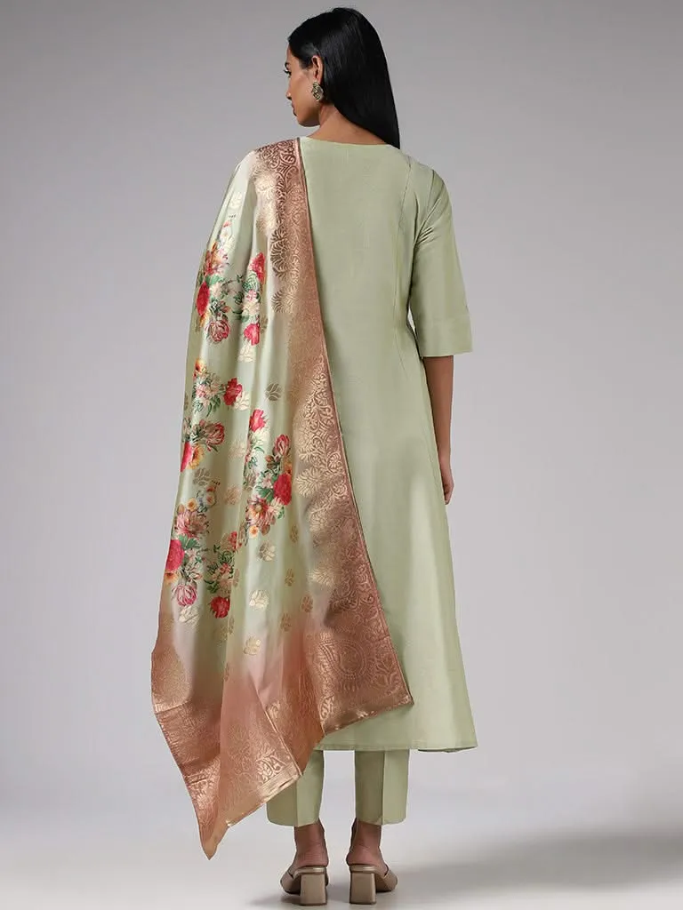 Vark Solid Lime Kurta, Straight Pants and Floral Printed Dupatta Set