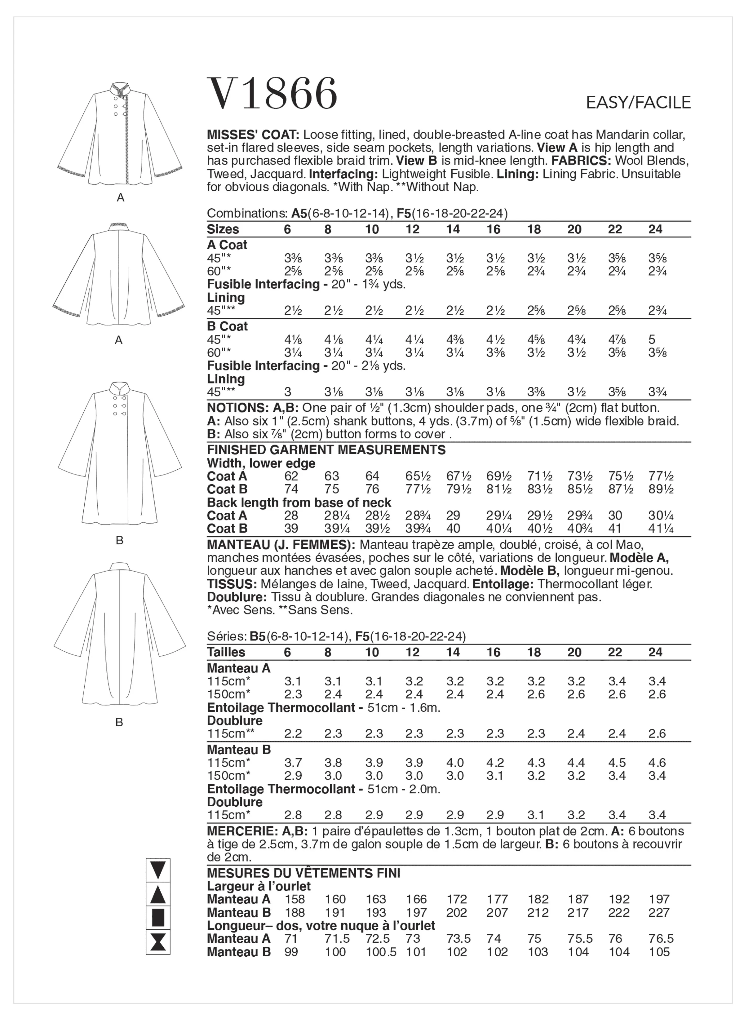 Vogue Pattern V1866 Misses' Coat