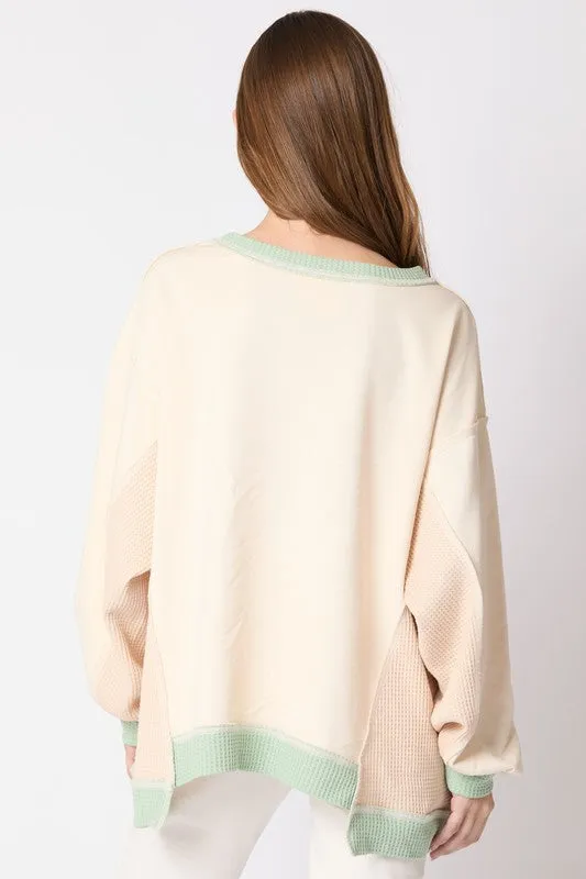 Waffle Knit Details Cream Top