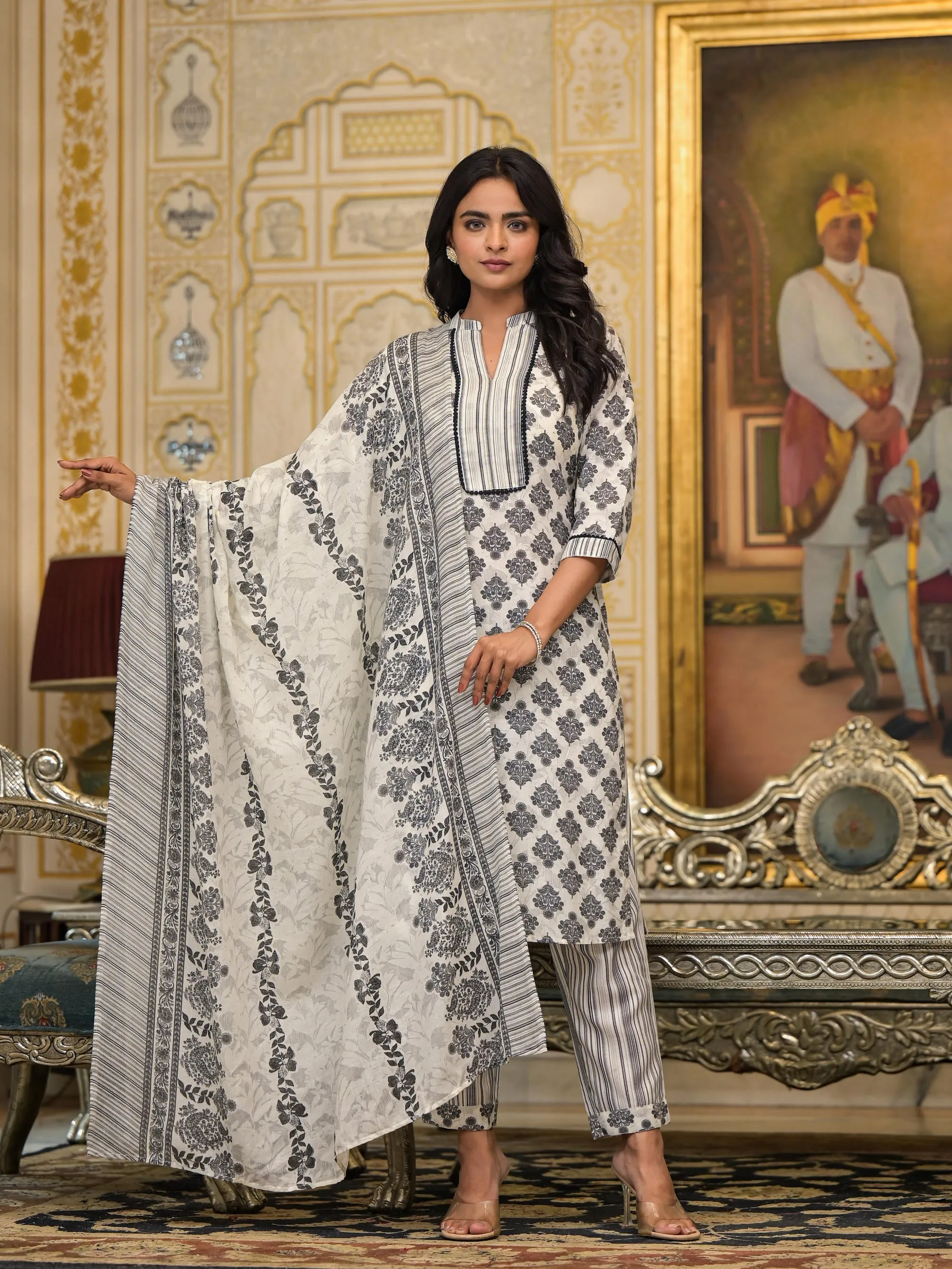 White Floral Printed Cotton Kurta Pant With Dupatta Set With Lace