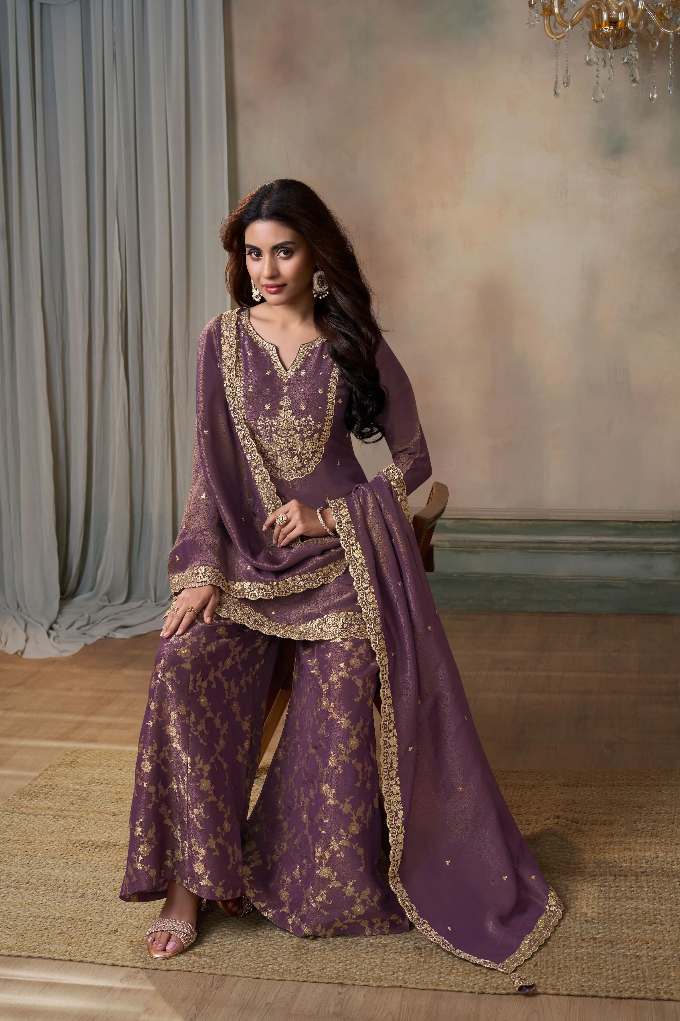 Wine Banarasi Tissue Silk Palazzo Set