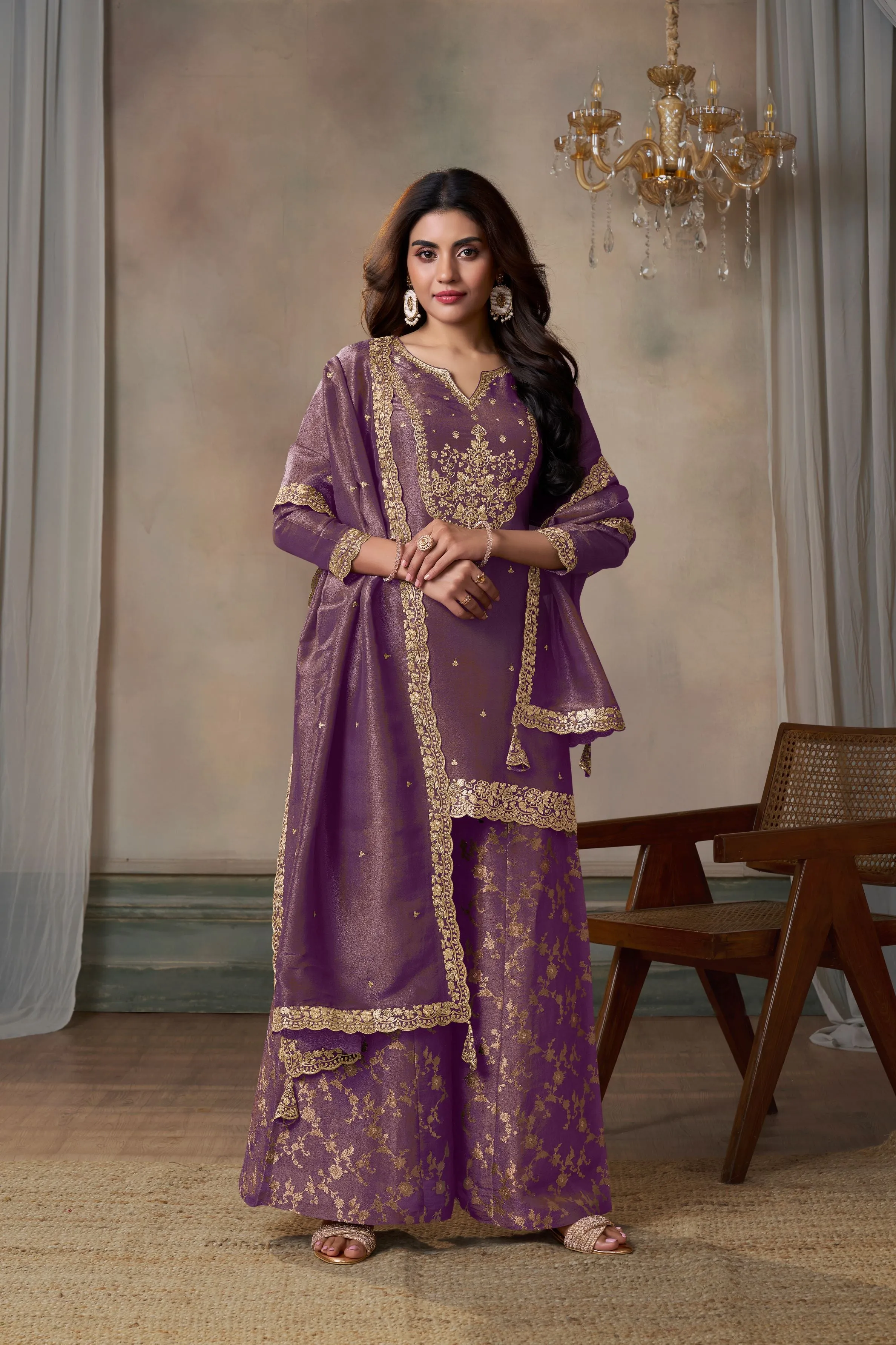 Wine Banarasi Tissue Silk Palazzo Set