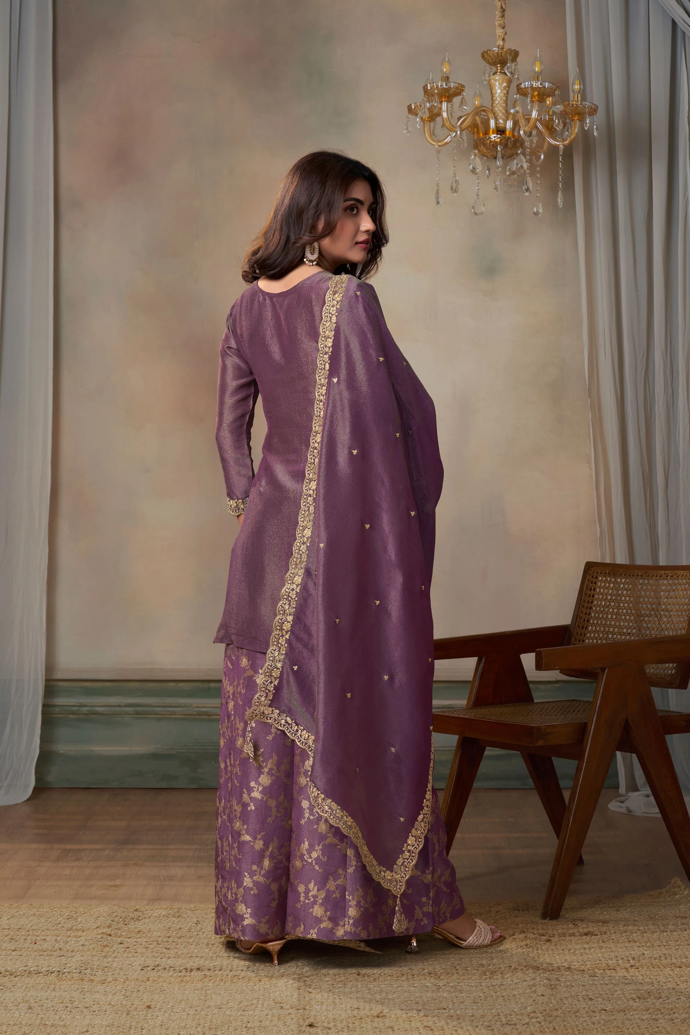 Wine Banarasi Tissue Silk Palazzo Set