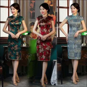 Winnal Two Layer Real Silk Mandarin Collar Cheongsam Long Chinese Qipao Dress