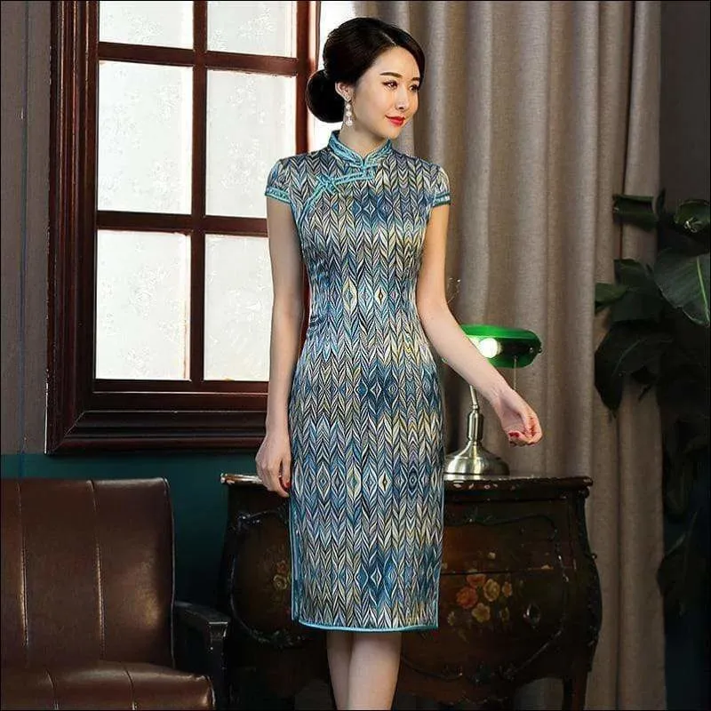 Winnal Two Layer Real Silk Mandarin Collar Cheongsam Long Chinese Qipao Dress