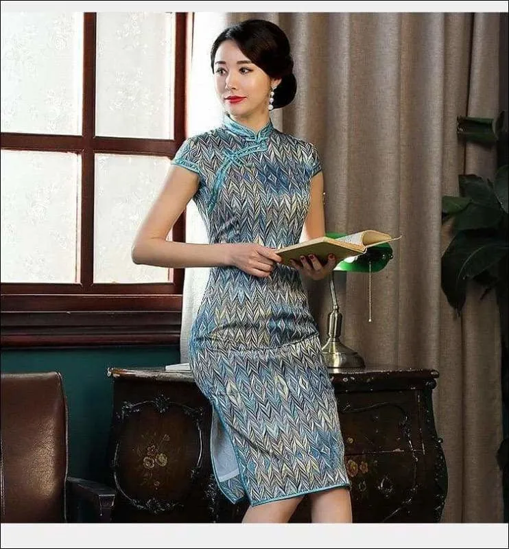 Winnal Two Layer Real Silk Mandarin Collar Cheongsam Long Chinese Qipao Dress