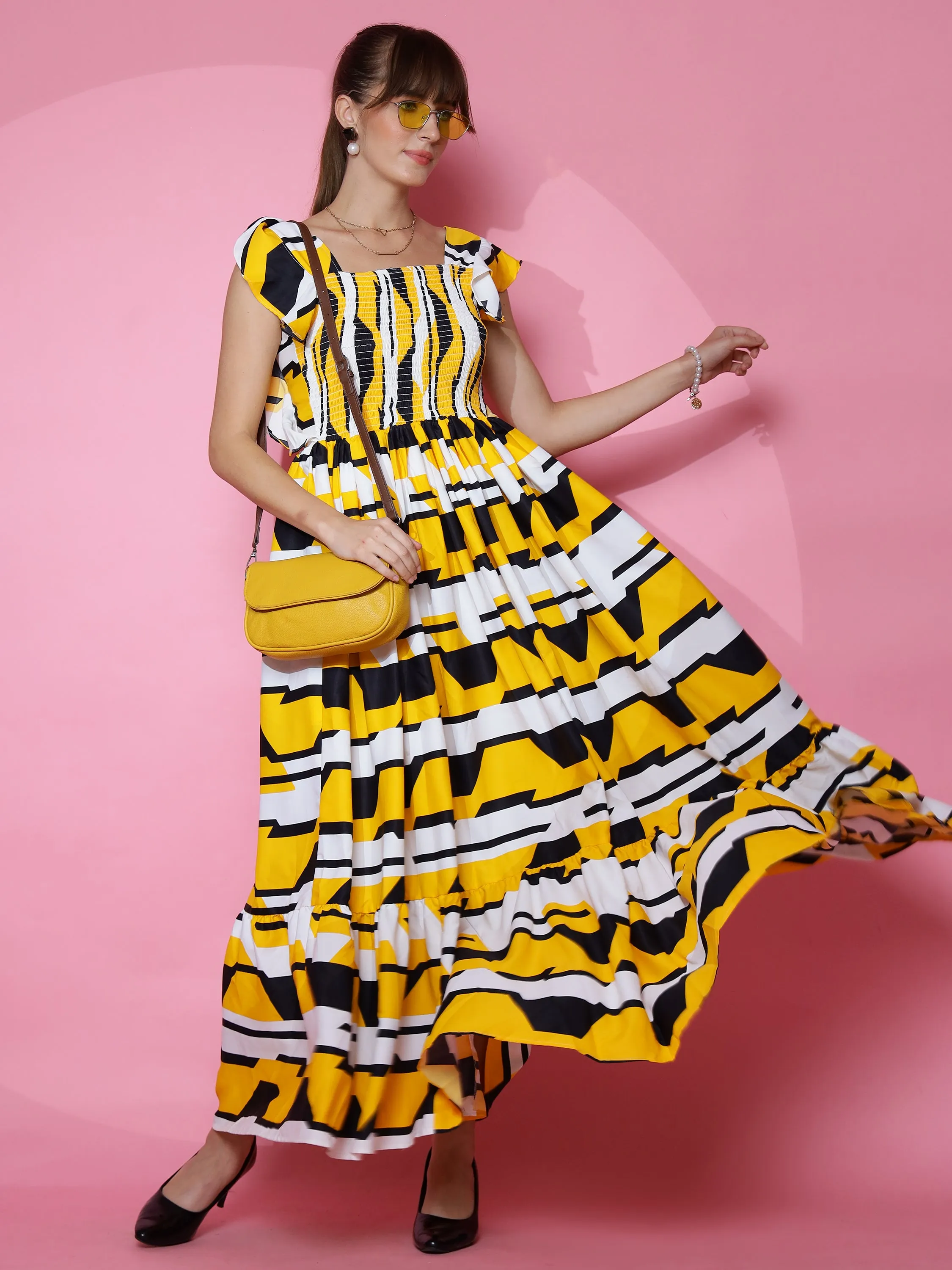 Woman Yellow Daisy Dream Flounce Fit and Flare Maxi Dress