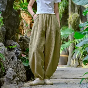 Women Elastic Waist Pants autumn mustard yellow water linen large size casual pants