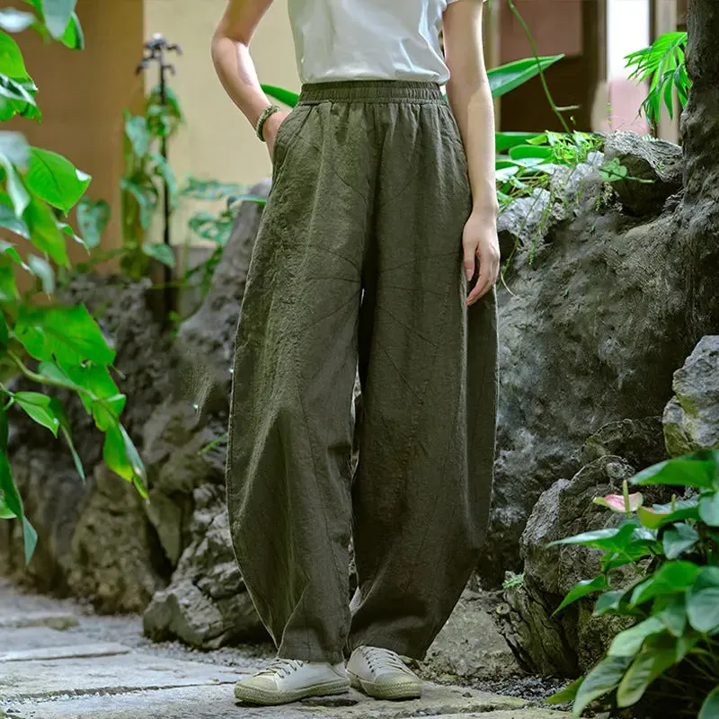 Women Elastic Waist Pants autumn mustard yellow water linen large size casual pants