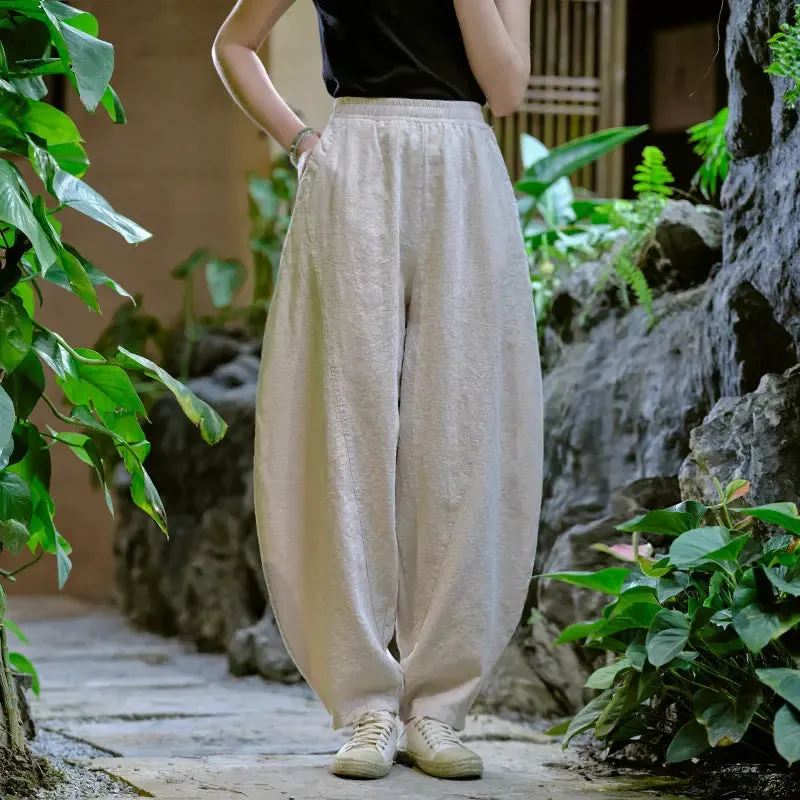 Women Elastic Waist Pants autumn mustard yellow water linen large size casual pants