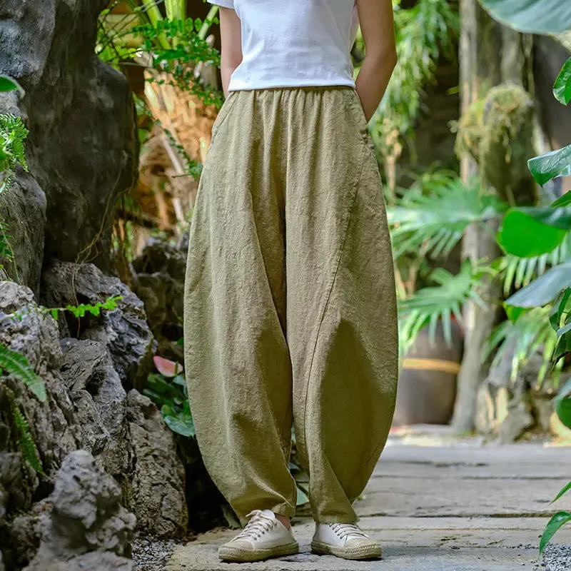 Women Elastic Waist Pants autumn mustard yellow water linen large size casual pants