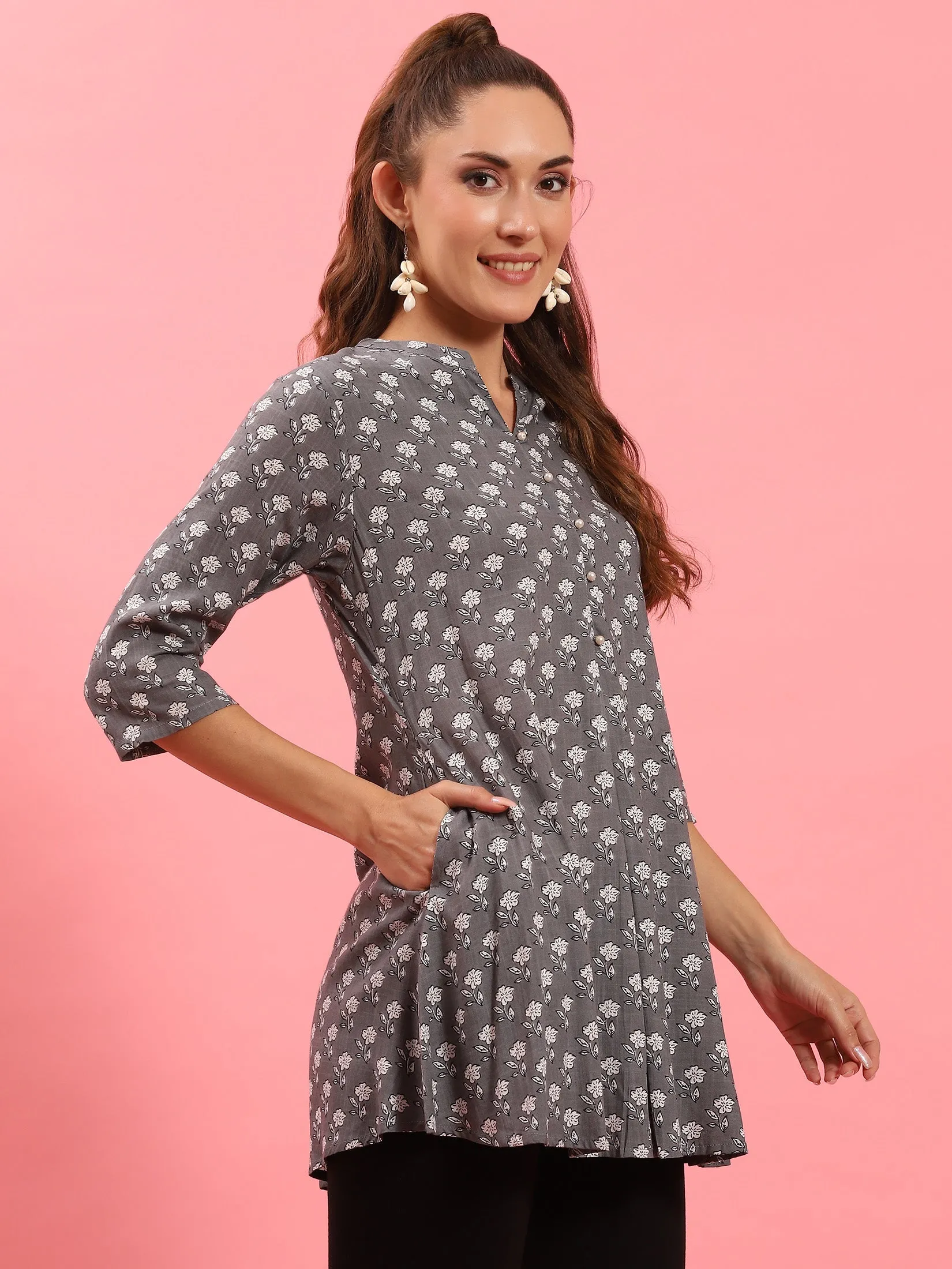 Women Grey A-line Printed Tunic