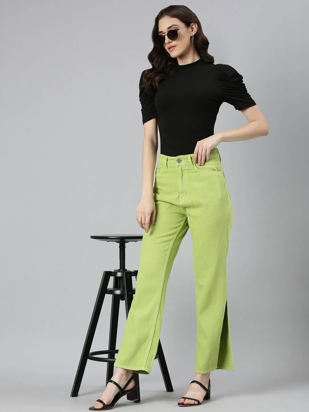 Women Lime Green Solid Regular Fit Denim Jeans