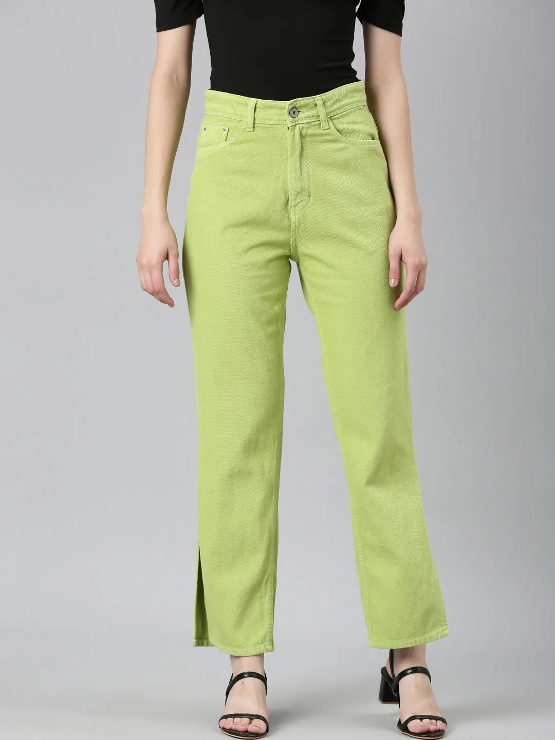 Women Lime Green Solid Regular Fit Denim Jeans