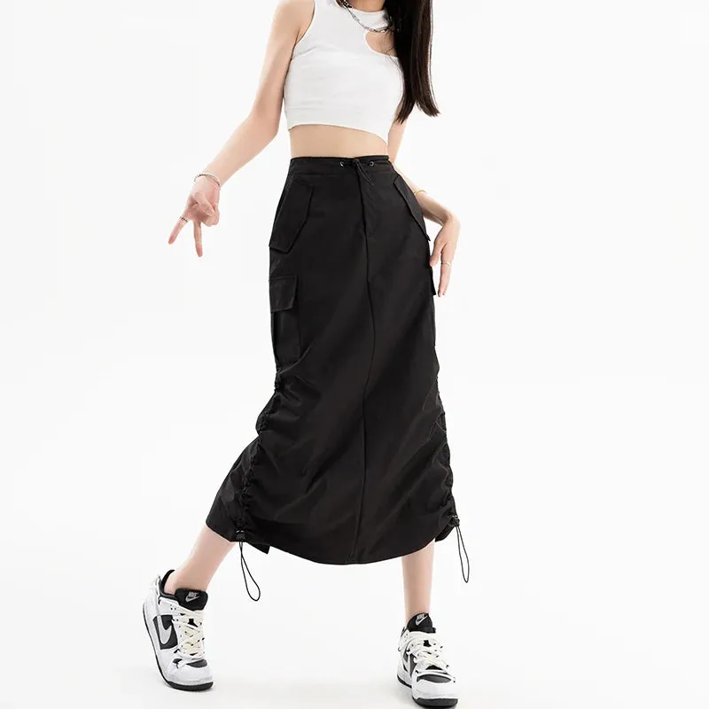 Women's Cargo Drawstring High Waist Fashion Designer Skirts (Midi)