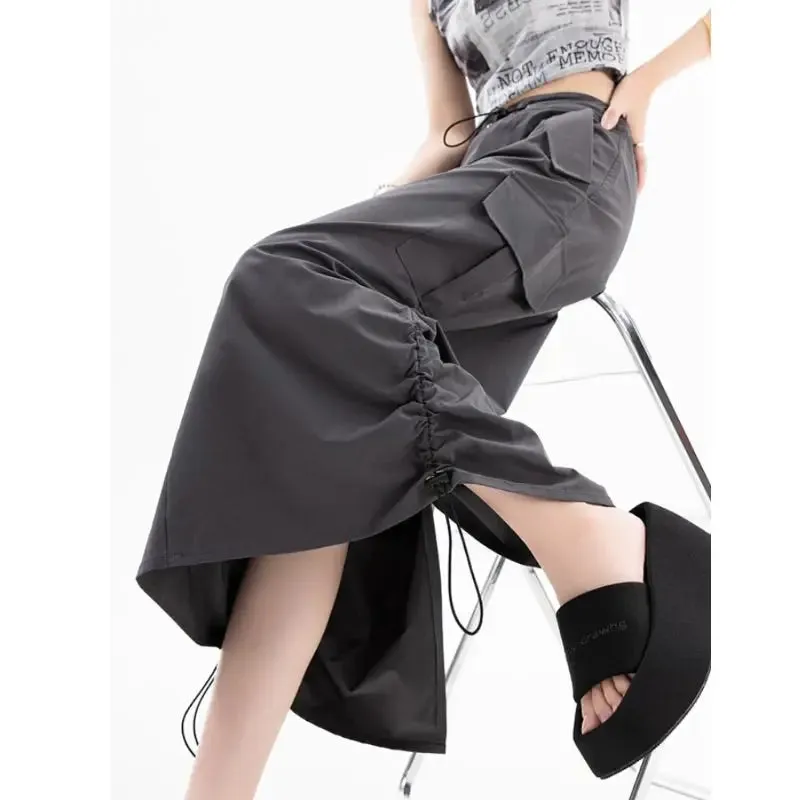 Women's Cargo Drawstring High Waist Fashion Designer Skirts (Midi)