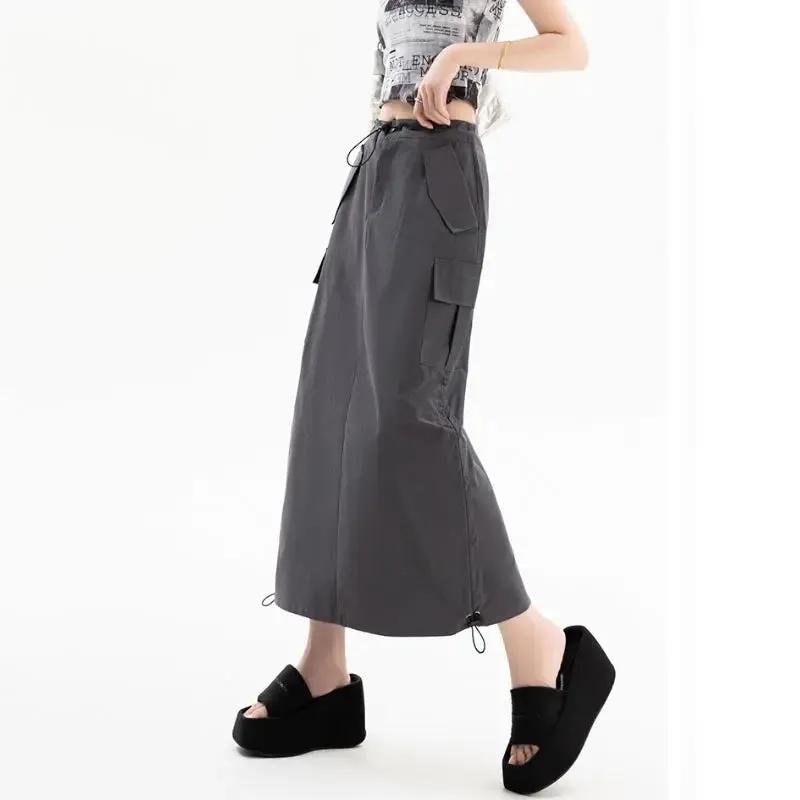 Women's Cargo Drawstring High Waist Fashion Designer Skirts (Midi)