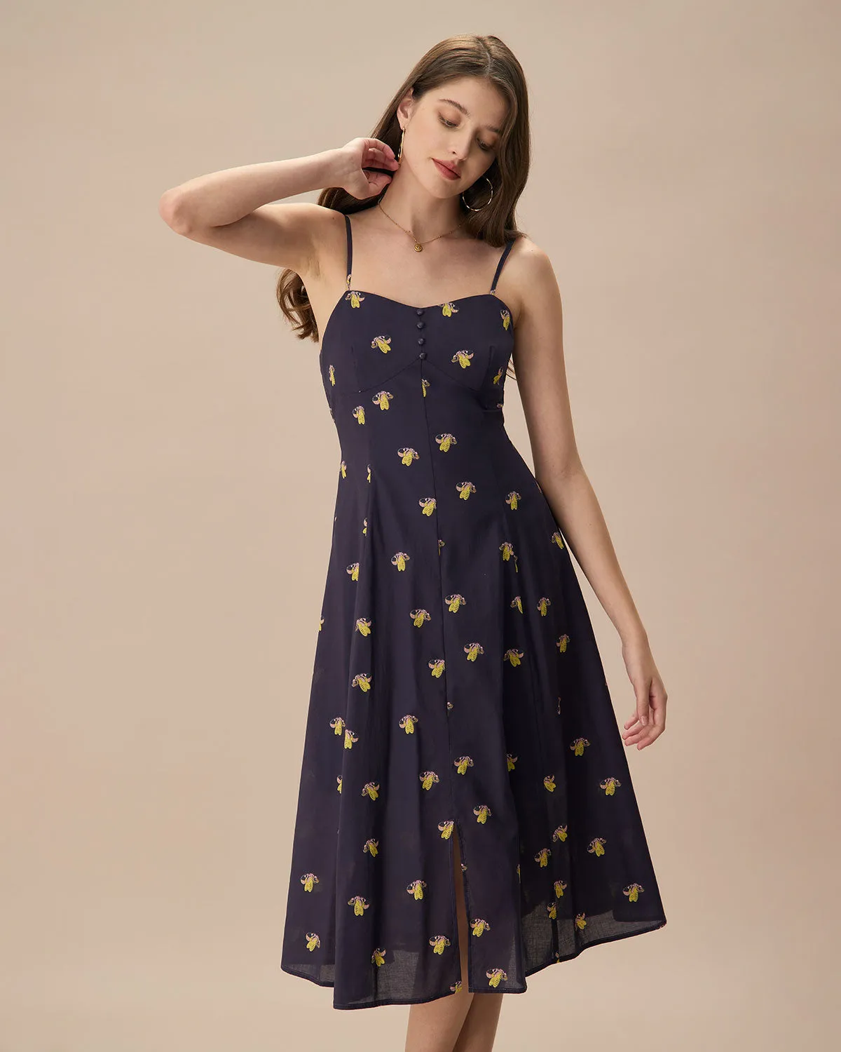 Women's Navy Cotton Slip Midi Dress