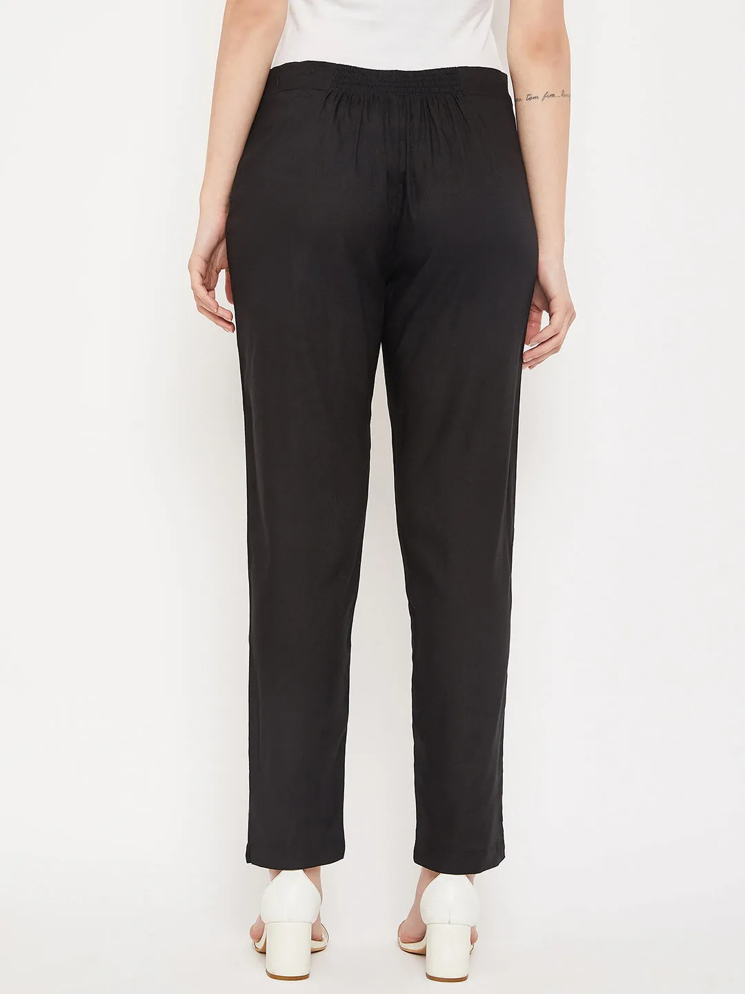 Women's Regular Slim Fit Black Flat Front Mid rise Pants