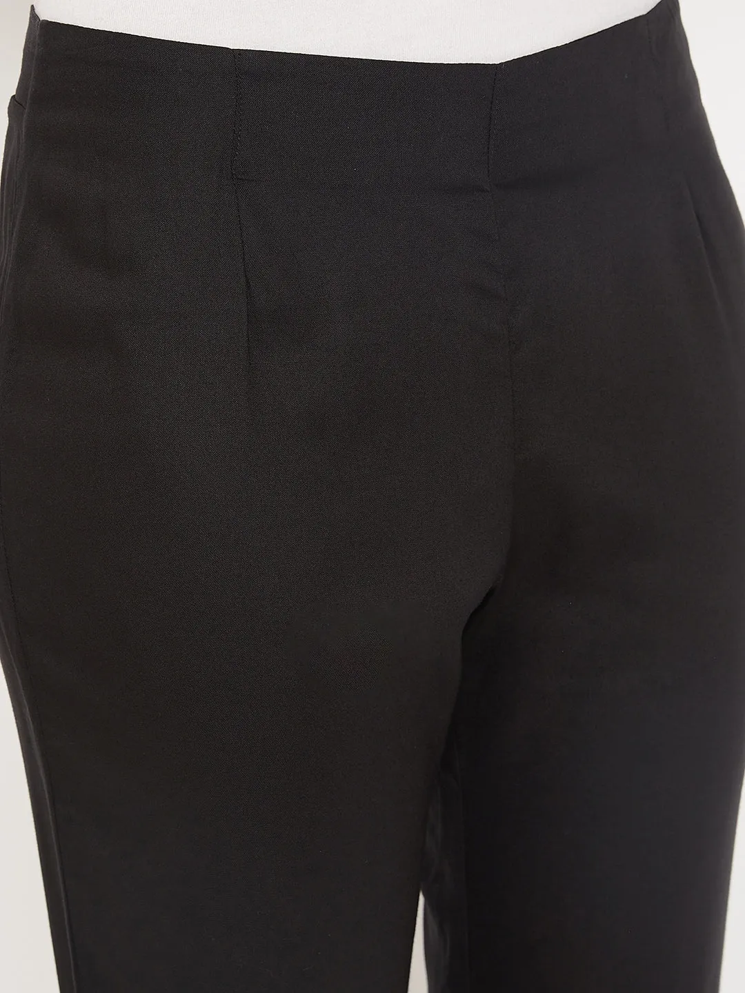 Women's Regular Slim Fit Black Flat Front Mid rise Pants