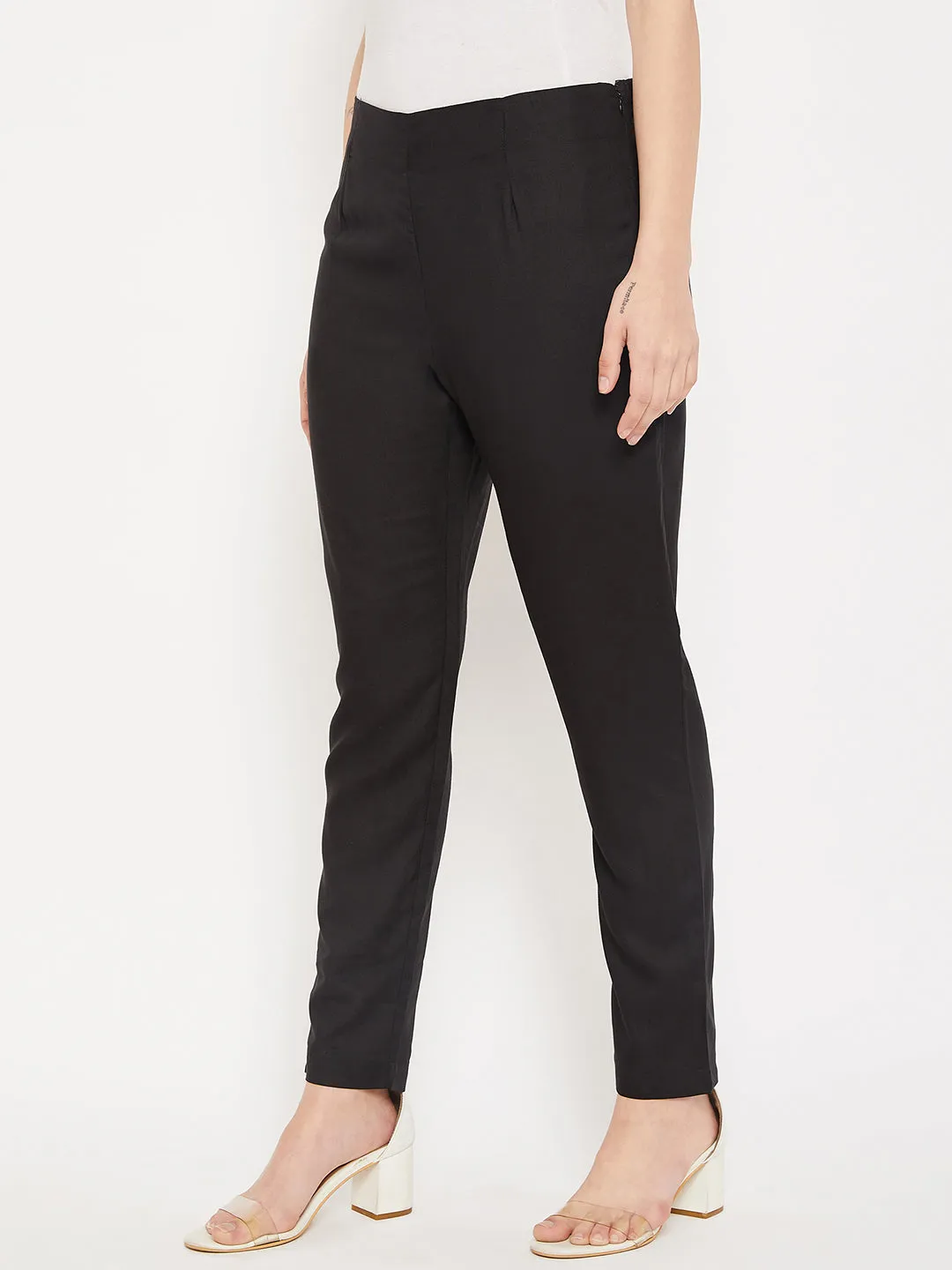 Women's Regular Slim Fit Black Flat Front Mid rise Pants