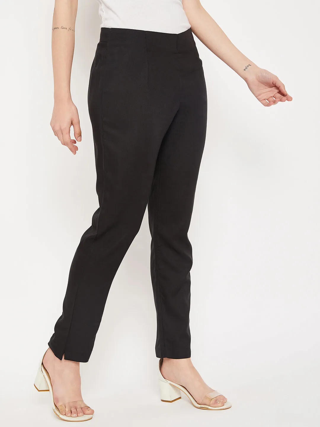 Women's Regular Slim Fit Black Flat Front Mid rise Pants