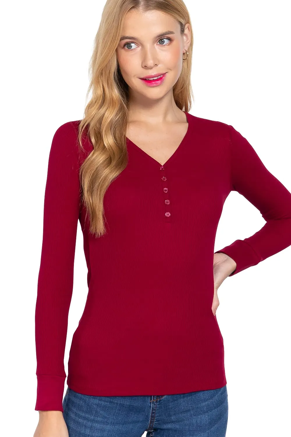 Women's V Neck Long Sleeves Henley Thermal Knit Top