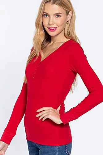 Women's V Neck Long Sleeves Henley Thermal Knit Top