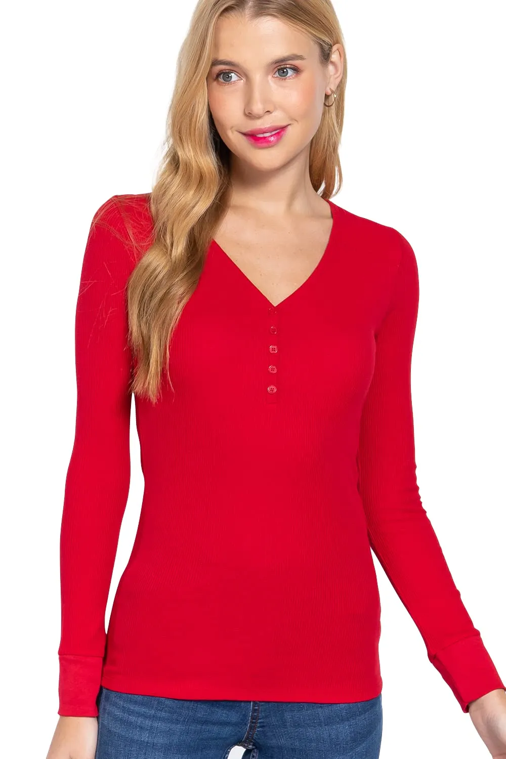 Women's V Neck Long Sleeves Henley Thermal Knit Top