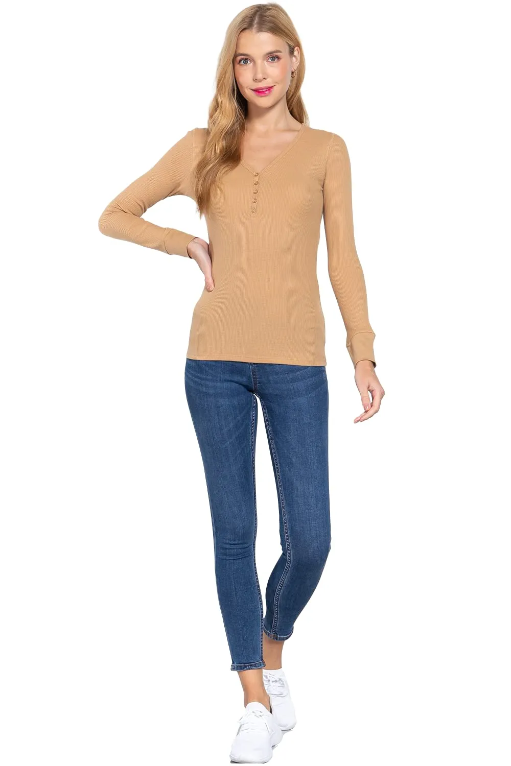 Women's V Neck Long Sleeves Henley Thermal Knit Top