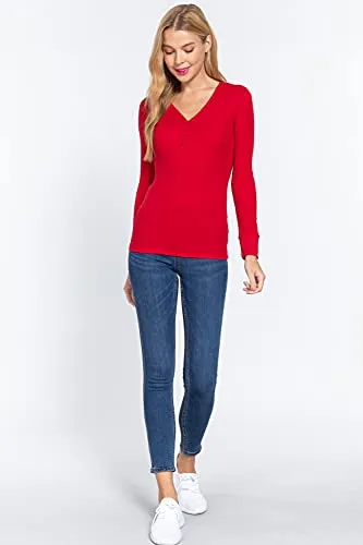 Women's V Neck Long Sleeves Henley Thermal Knit Top