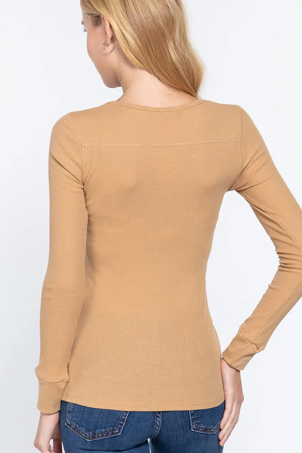 Women's V Neck Long Sleeves Henley Thermal Knit Top