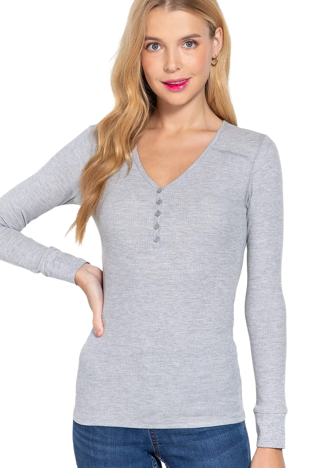 Women's V Neck Long Sleeves Henley Thermal Knit Top