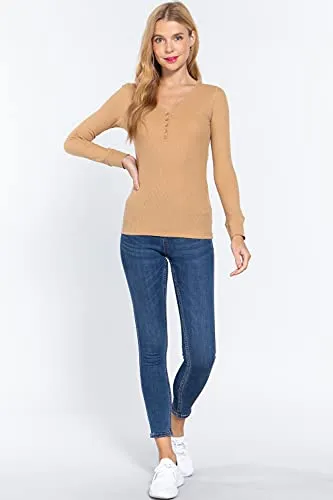 Women's V Neck Long Sleeves Henley Thermal Knit Top