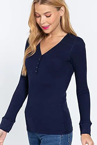 Women's V Neck Long Sleeves Henley Thermal Knit Top