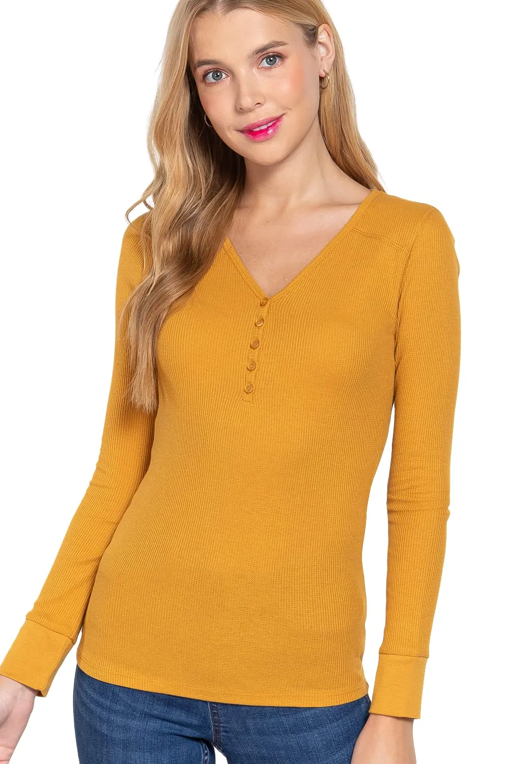 Women's V Neck Long Sleeves Henley Thermal Knit Top