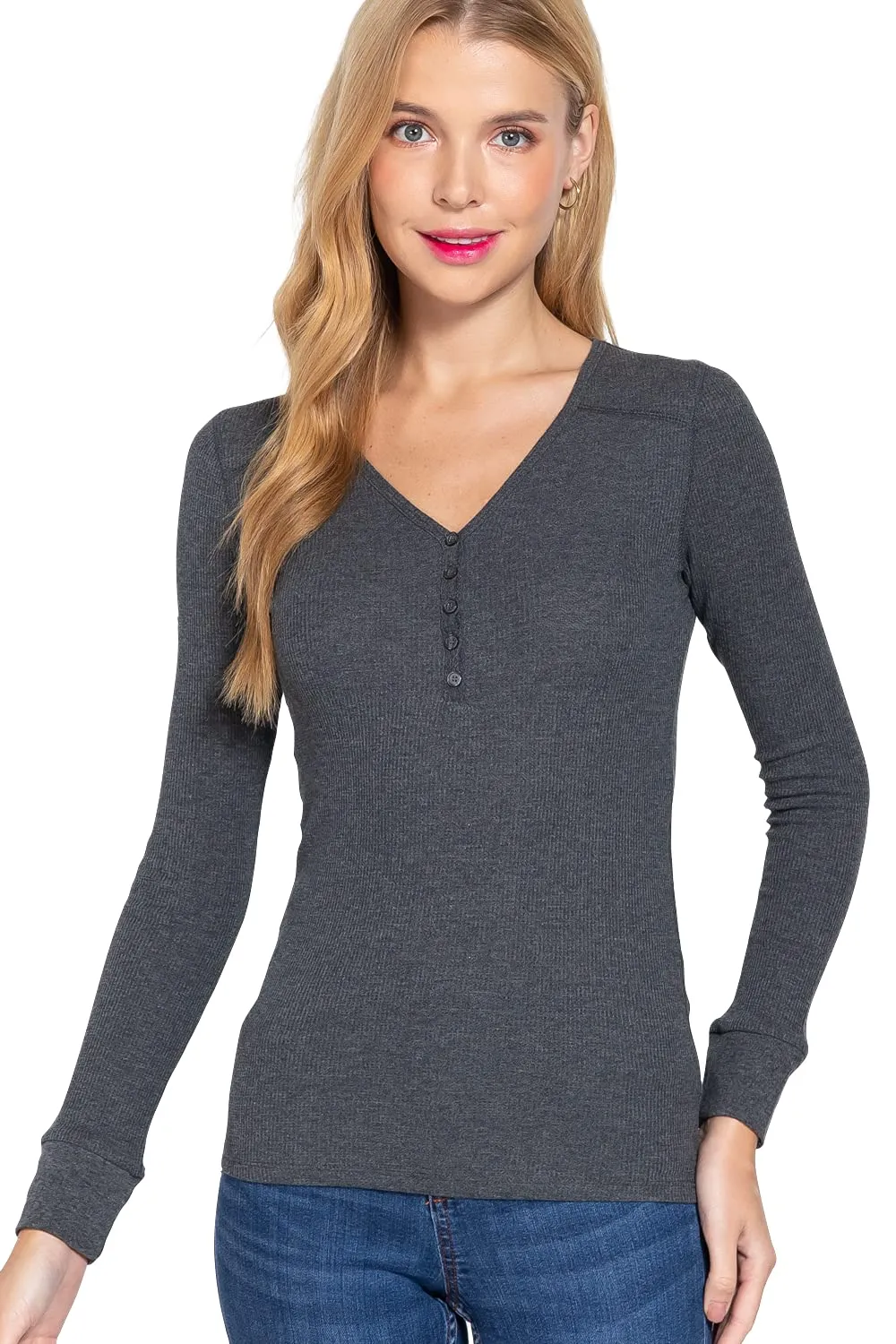 Women's V Neck Long Sleeves Henley Thermal Knit Top