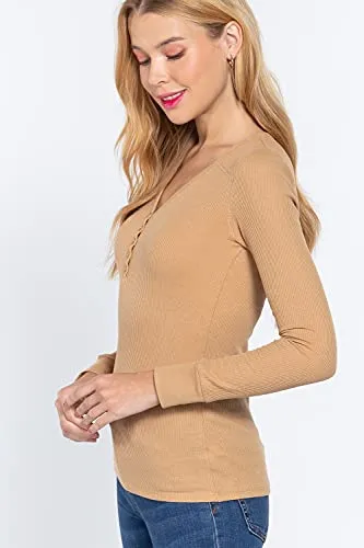 Women's V Neck Long Sleeves Henley Thermal Knit Top