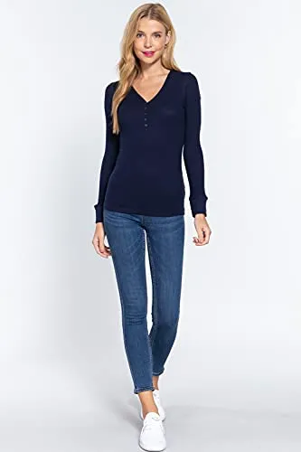 Women's V Neck Long Sleeves Henley Thermal Knit Top