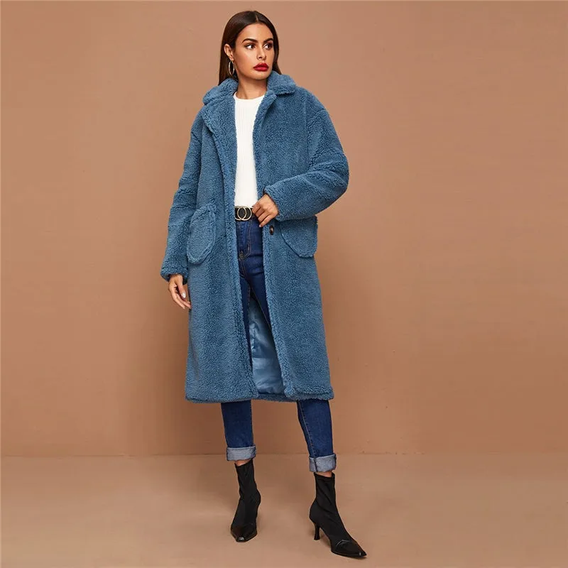 Women's Winter Polyester Long Coat With Pockets