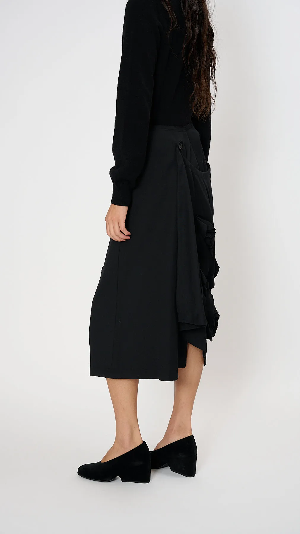 Wool Draped Midi Skirt in Black