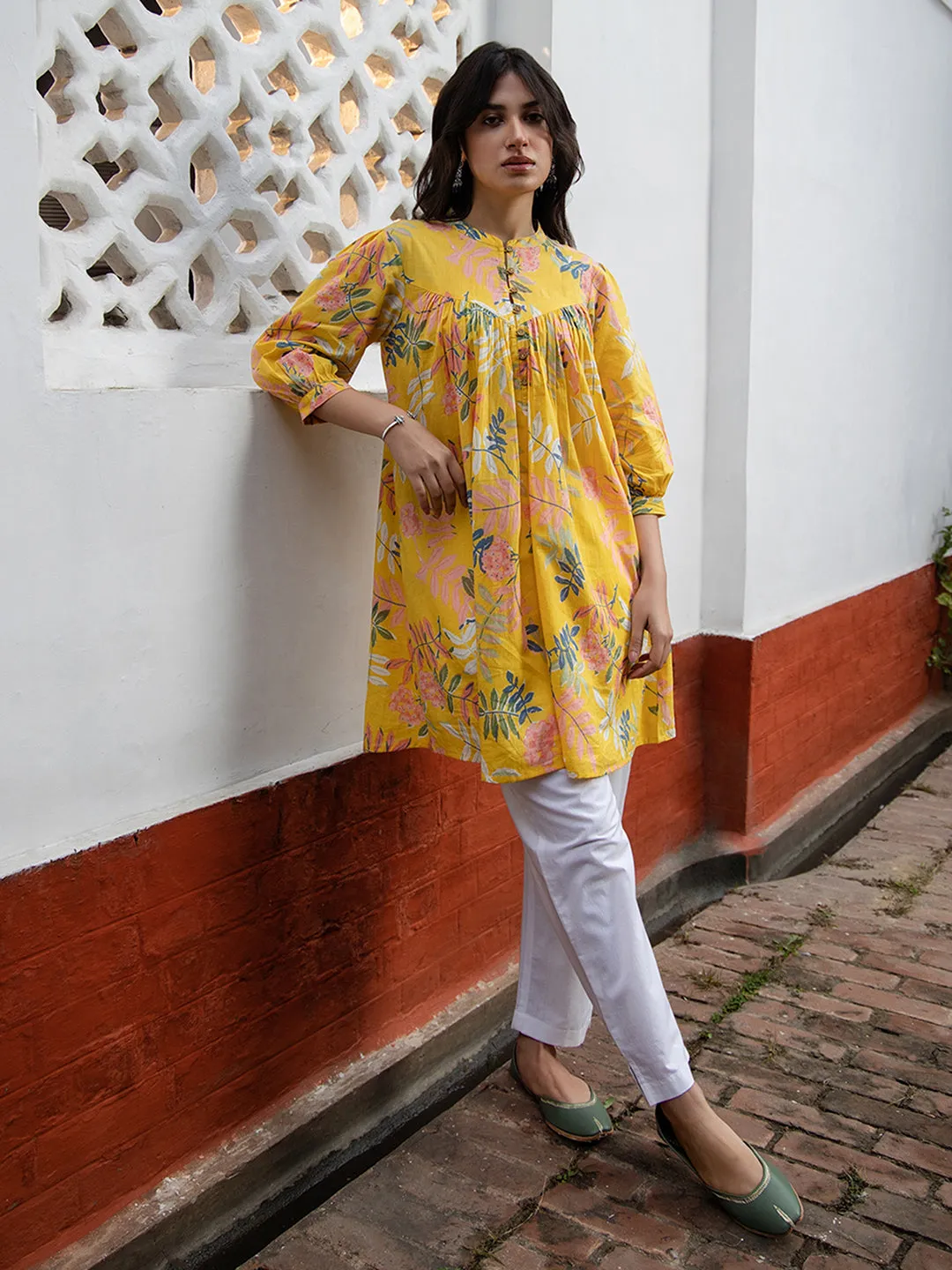 Yellow Cotton Trophical Gathered Tunic